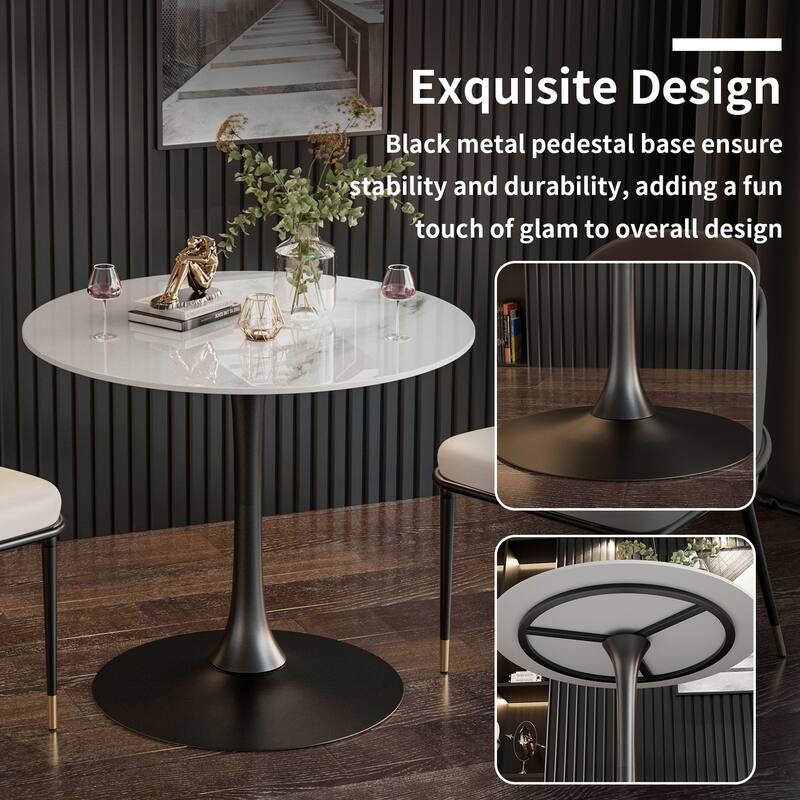 Round Dining Table Marble Modern Tulip Table Slate Tabletop with Metal Pedestal Base