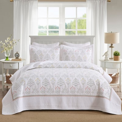 3Pcs 100% Cotton Floral Quilted Bedspread Set
