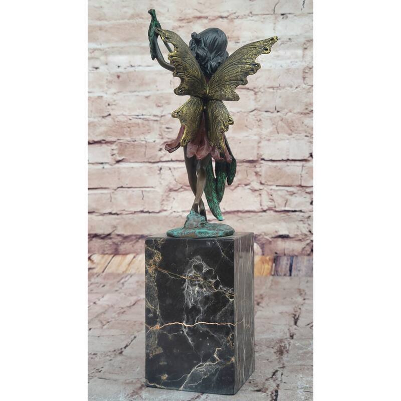 Bronze Fairy Holding Leaf Marble Base Signed By Artist Milo Mythical Figurine