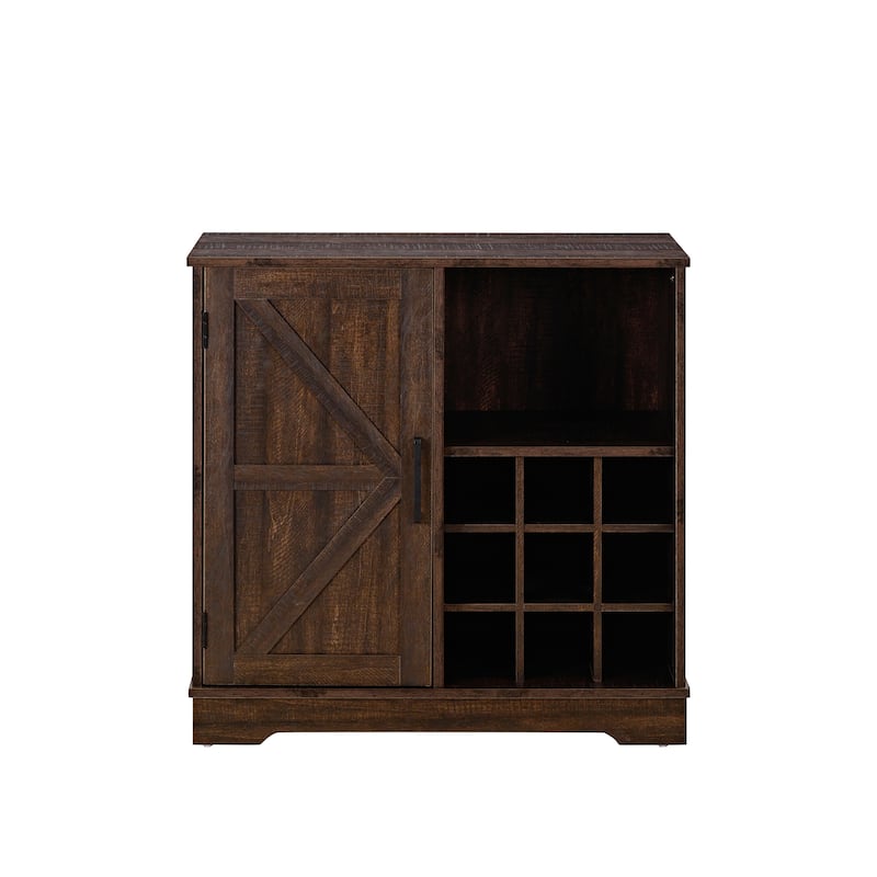 Rustic Bar Cabinet with 9-Bottle Wine Rack, Adjustable Shelves, and Barn Door Design
