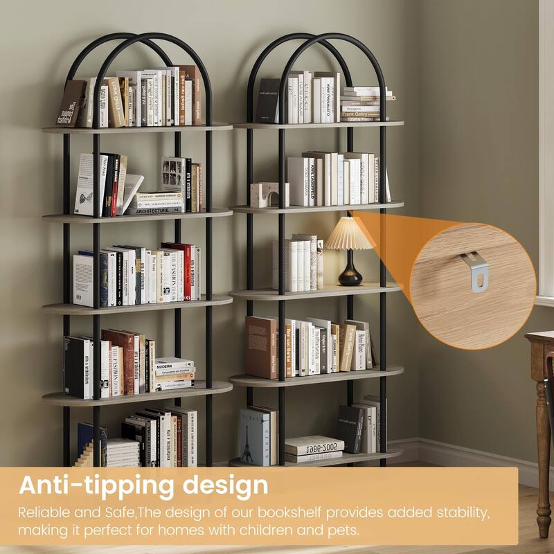 71" Bookshelf 5 Tier Bookcase Arched Display Racks Tall Bookshelf Freestanding Open Storage Shelf