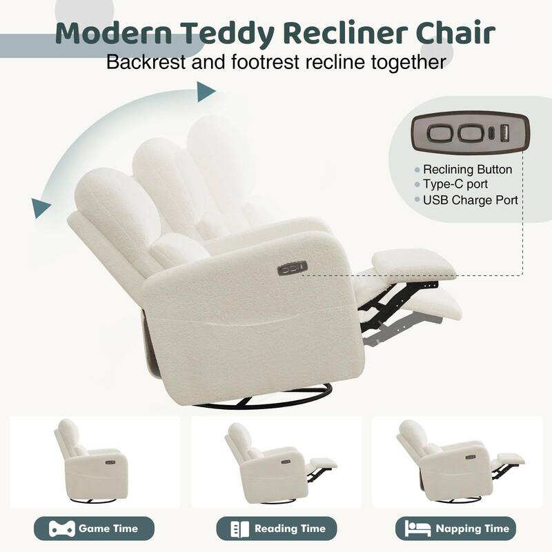 Swivel Power Recliner Chair Teddy Nursery Glider Rocking Recliner