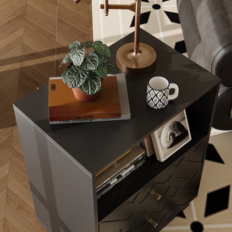 Black Side Cabinet Accent Cabinet with Gold Handles For Living Room: Geometric Texture, Open & Drawer Storage