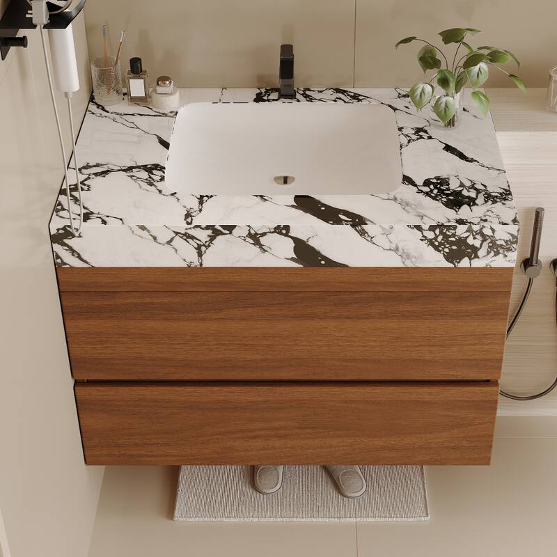 GDFStudio - Modern 31.5" Wall-Mounted Bathroom Vanity with Sintered Stone Top, Ceramic Undermount Sink & Soft-Close Drawers