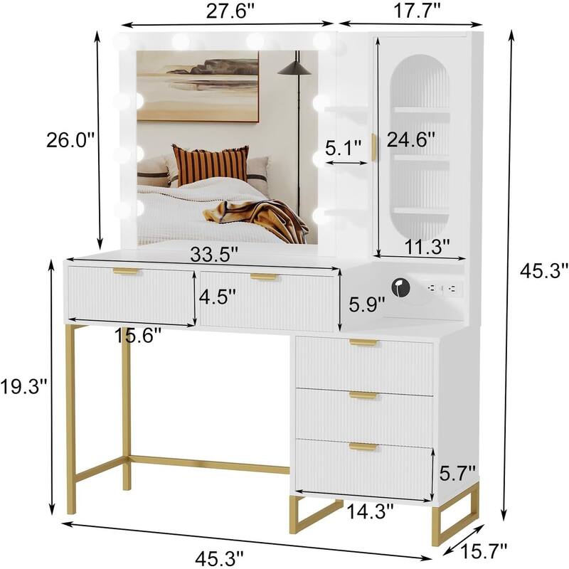 Modern Makeup Vanity Desk with Lighted Mirror, Power Outlets & Storage, Wood Fluted Dressing Table for Bedroom