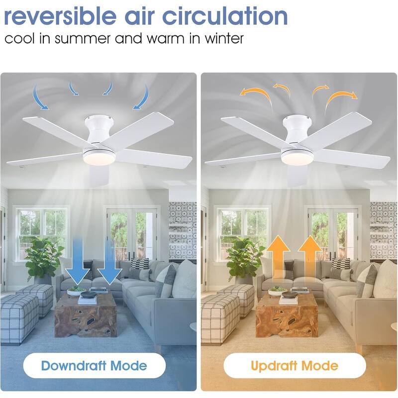 52 Inches Flush Mount Modern Quiet Ceiling Fan with Light and Remote APP Control 5 Dual Side Blades for Living Room Bedroom