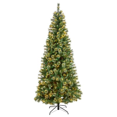 8ft. Slim Snow Tip Pine Artificial Christmas Tree with 600 Clear LED Lights & 908 Branches - Sleek Holiday X-Mas Display