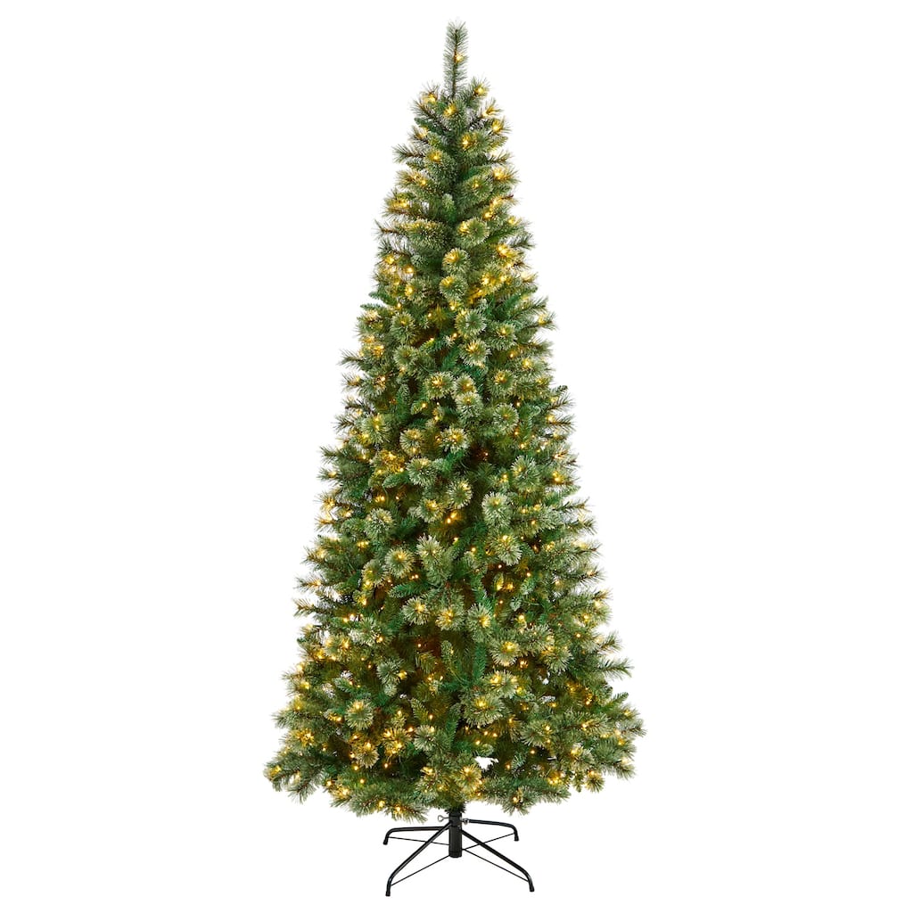 8ft Artificial Christmas Tree Pre-Lit Slim Pine Tree with Lights & Branches - Green - 96