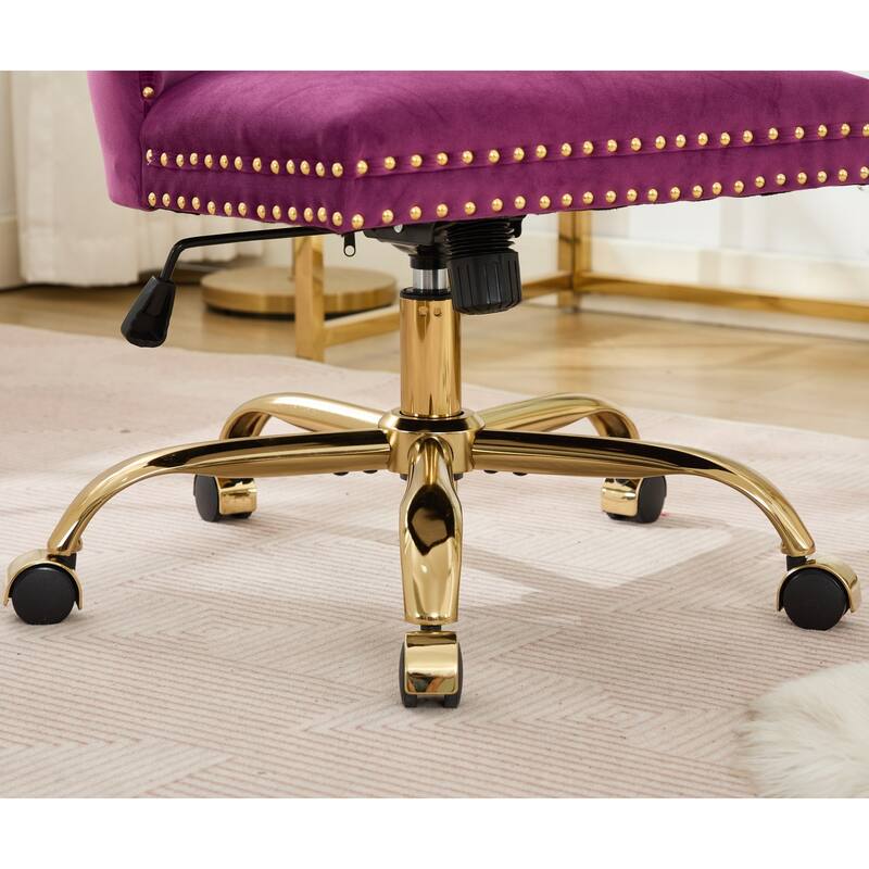 Velvet Swivel Office Chair with Wheels, Tufted Button Home Office Chair, Adjustable Vanity Chair with Metal Base