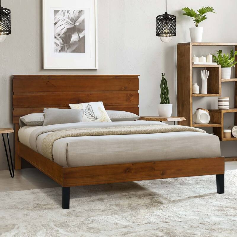 Brown Solid Wood Frame Platform Bed with Three-Piece Headboard Design