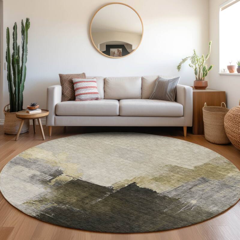 Machine Washable Indoor/ Outdoor Abstract Chantille Rug - Khaki - 8' x 8'