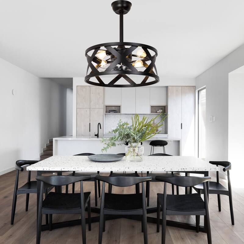 Cusp Barn 20" Farmhouse Caged Ceiling Fan with Lights and Remote, Industrial Black Fandelier, 6-speed Quiet DC Motor Ceiling Fan