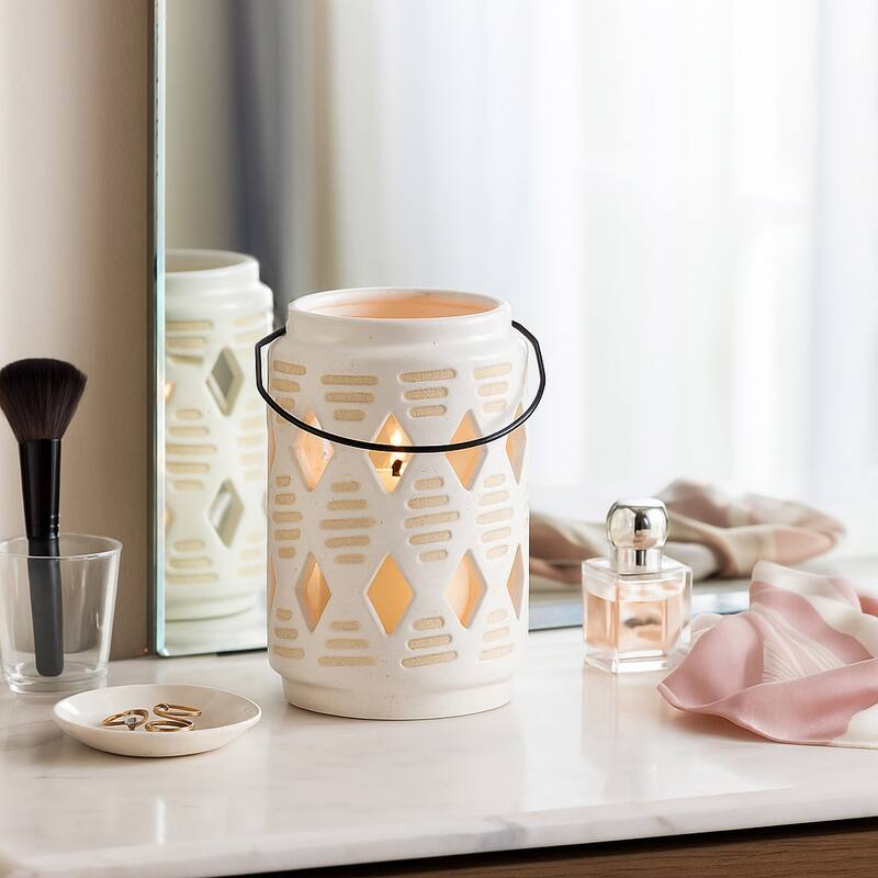 Ceramic Cut-Out Diamond Modern Lantern - Ivory/ Tan - 6.0"