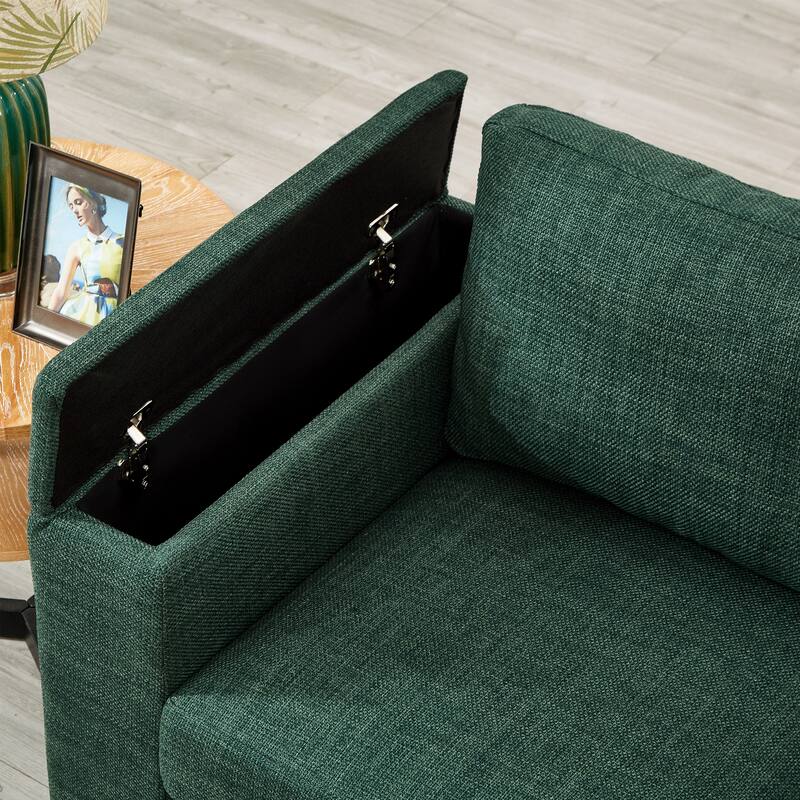 Fabric Upholstered 3 Seater Sofa, Lounge Sofa with Square Arm, Oversized Deep Seat Sofa with Storage & Cup Holders