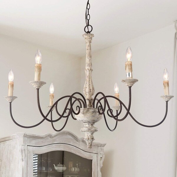 The Gray Barn French Country Distressed White Candle Chandelier for Dining Room - D37" x H28". Opens flyout.