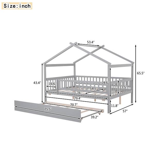 dimension image slide 2 of 3, Full Size Wooden House Bed with Twin Size Trundle, Roof and Fence
