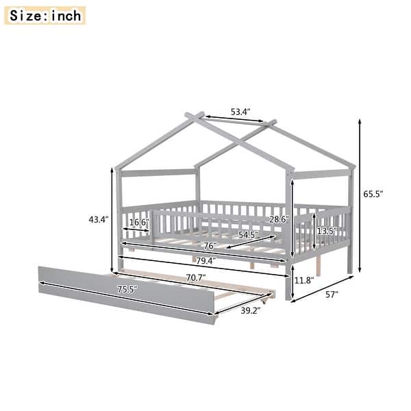 Wooden Full Size Creativity House Bed with Twin Size Trundle and Headboard, Spacious Storage