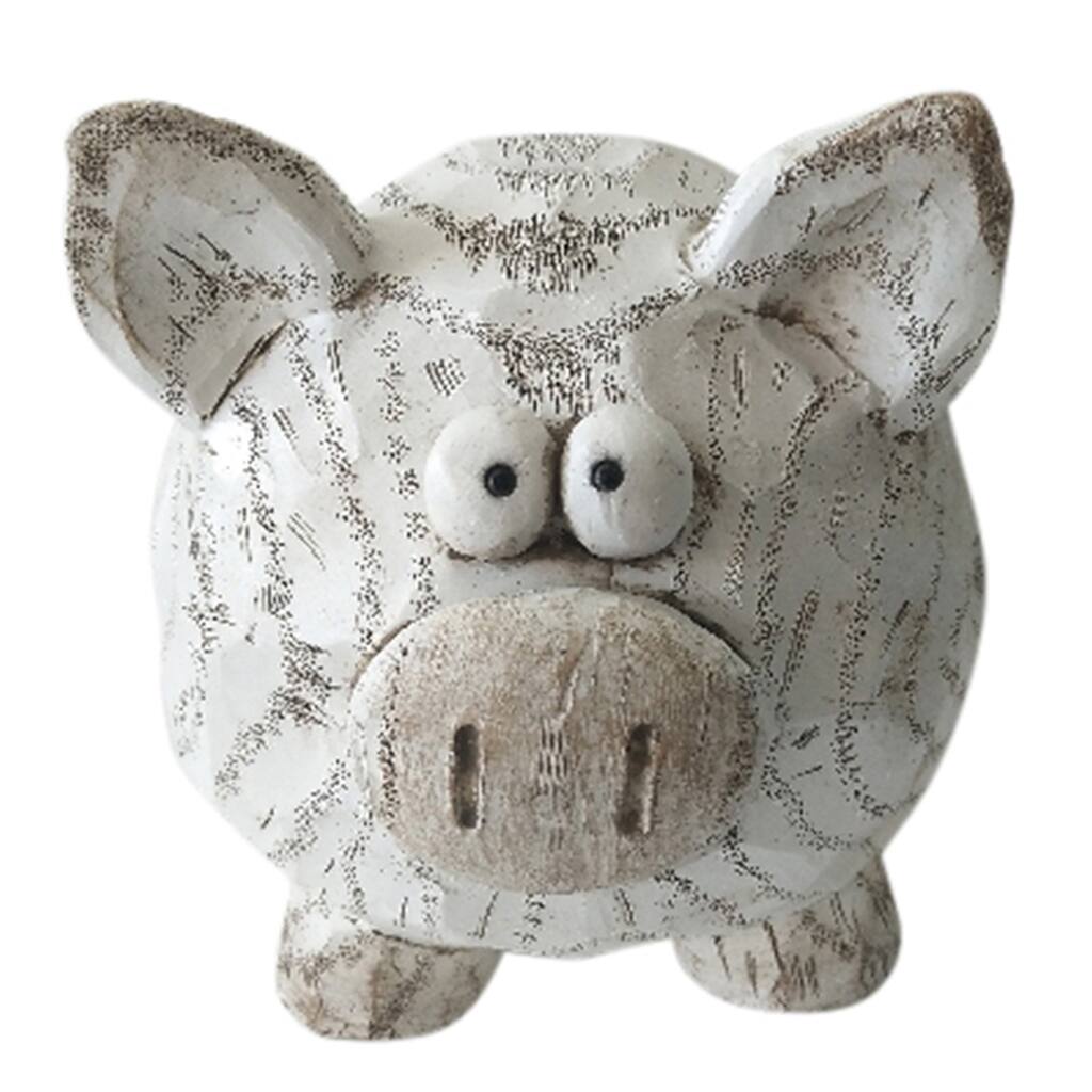 Decorative Polyresin Pig Figurine with Textured Details, White and Brown