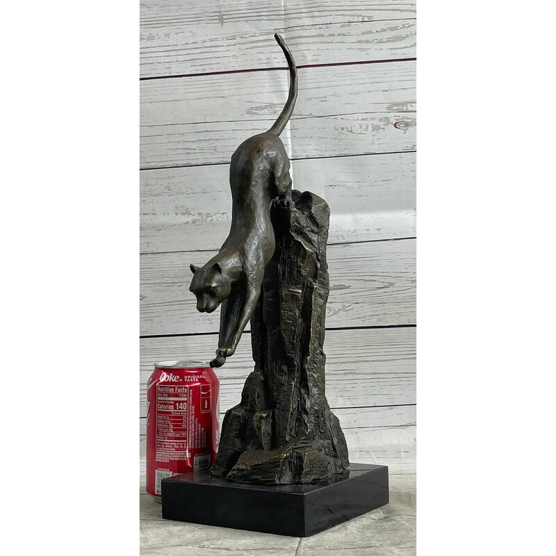 Panther Cougar Mountain Lion Cat Leaping Pouncing Down Bronze Sculpture Statue Art