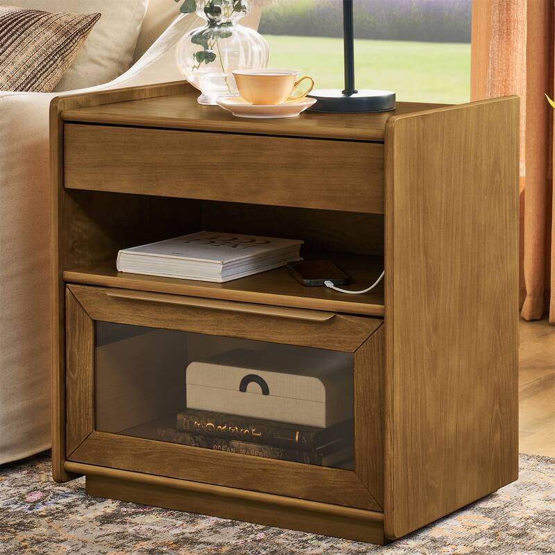Modern Nightstand with Charging Station,Outlet Hole and Open Shelf
