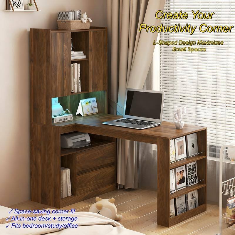 L-Shaped Computer Desk with LED Light & Bookshelf, Modern Corner Gaming Desk with Drawers and Storage