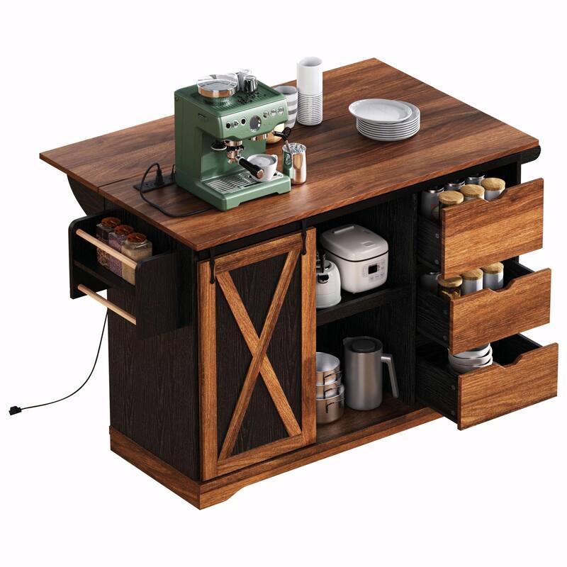 55.5" Farmhouse Kitchen Island with Drop Leaf, Barn Door Storage, Power Outlet