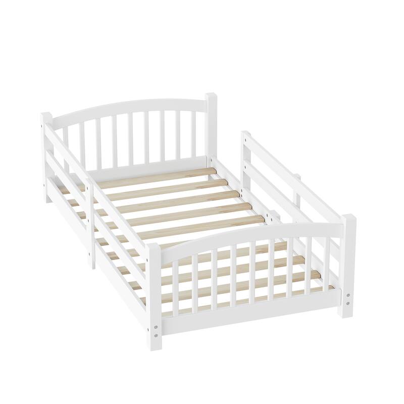 Montessori Solid Pine Floor Bed with Full-Length Safety Fence & Slatted Base by Harper&Bright Designs