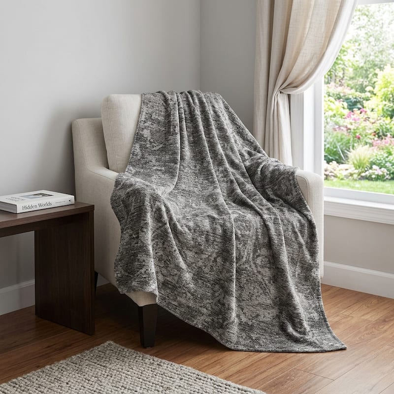 HomeRoots 50" X 70" Charcoal And Gray Damask Polyester Woven Plush Throw Blanket - Throw - Charcoal/Gray