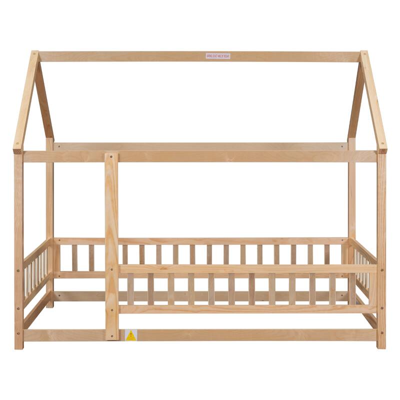 Floor Wooden Bed with House Roof Frame, Fence Guardrails