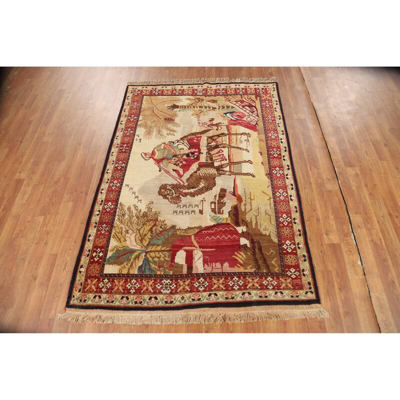 Vegetable Dye Karabagh Oriental Rug Hand-Knotted Wool Carpet - 4'2" x 5'11"