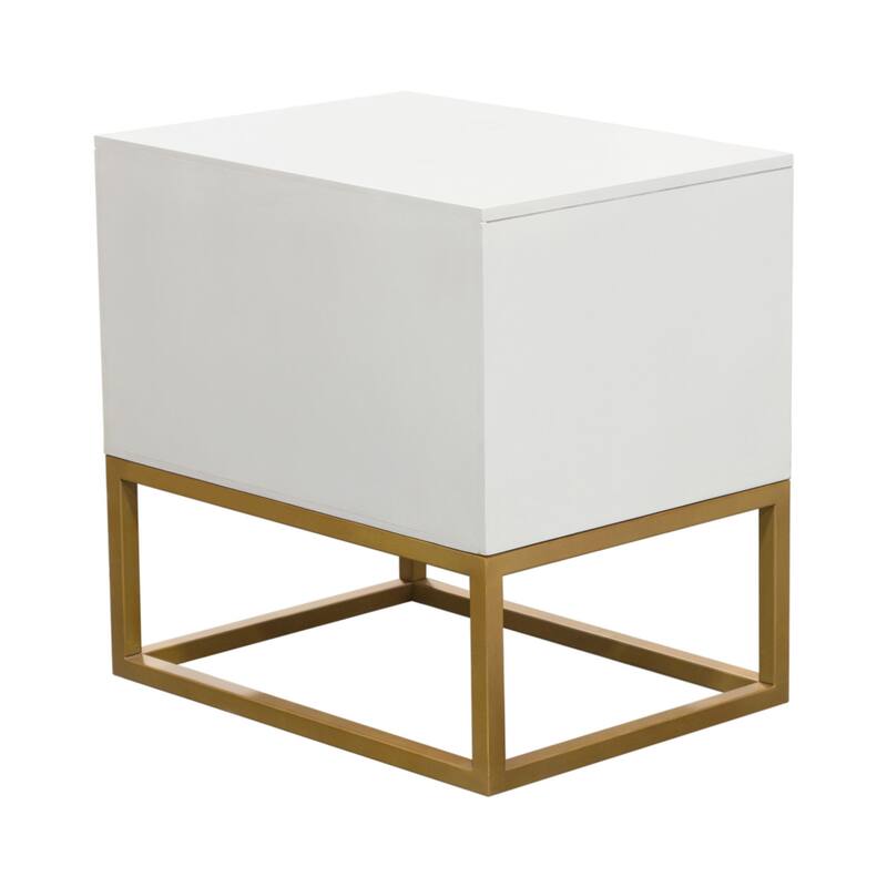 Fiva Nightstand, 2 Drawers, White Solid Mango Wood, Gold Iron Legs