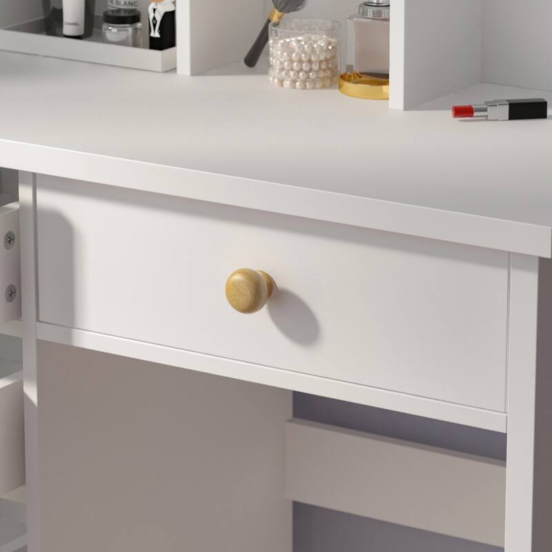 Kerrogee Wooden Makeup Vanity Table with Mirror - Open Shelves & 5 Drawers - White - 31.5"L x 15.7"W x 55.1"H