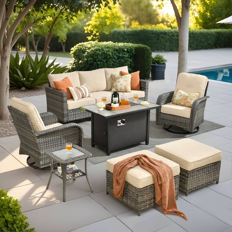 OVIOS 7-piece Patio Wicker Swivel Rocking Chair Set With Fire Pit - Beige