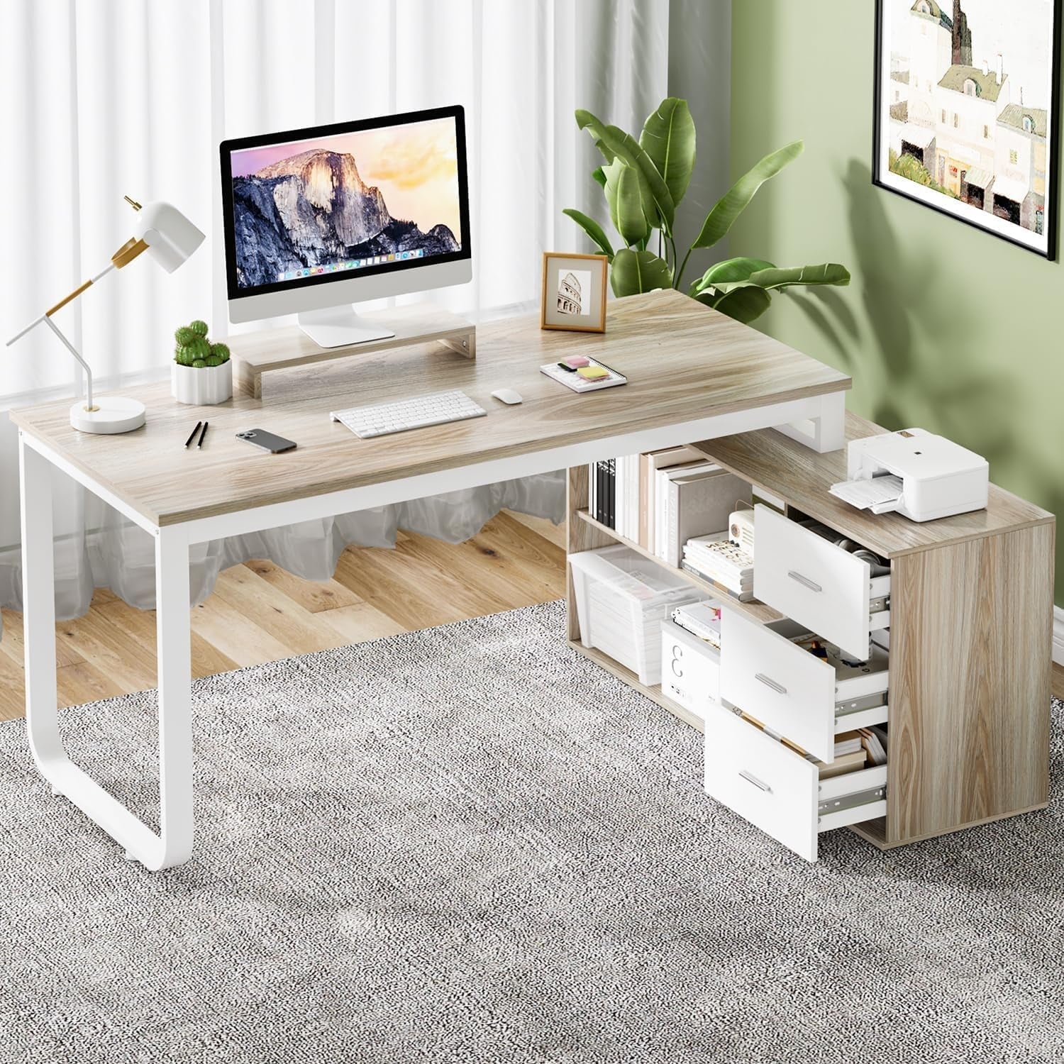 55 Inch Reversible L-Shaped Corner Desk with Drawers and Storage Shelves, White and Walnut