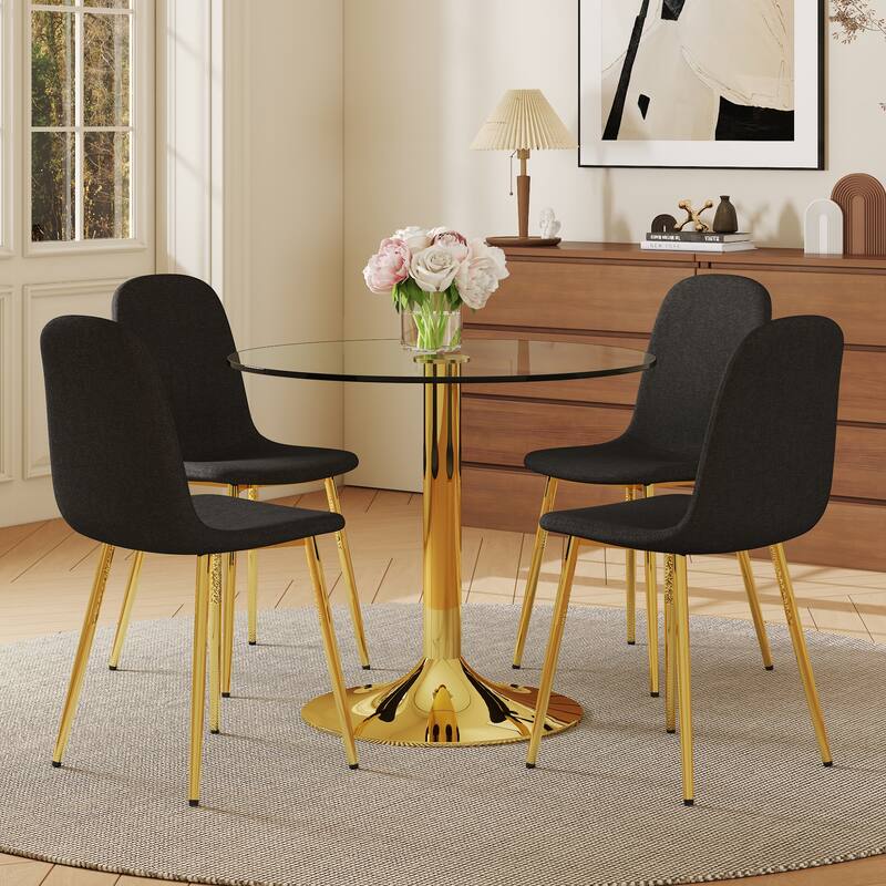 Table and chair set.A 35" Transparent Tempered Glass Round Dining Table-Gold Metal Bracket and Base.Paired with 4 BLACK
