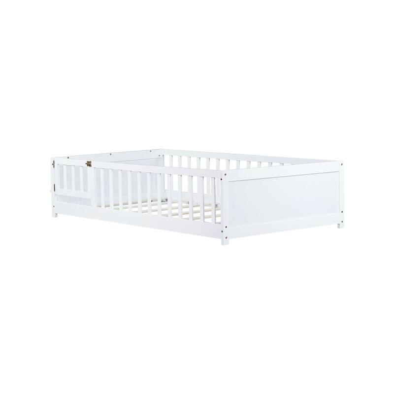 Twin Size Floor Bed with Built-in Book Rack and Safety Door, White