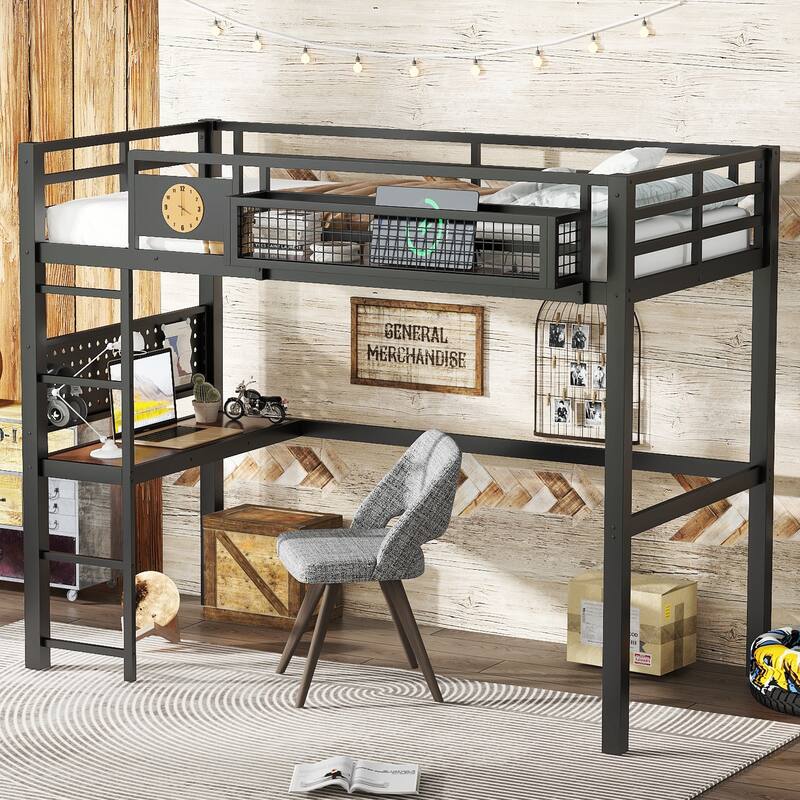 Metal Loft Bed with Desk & Storage Basket, Includes Alarm Clock & Charging Port, Queen/Full/Twin XL