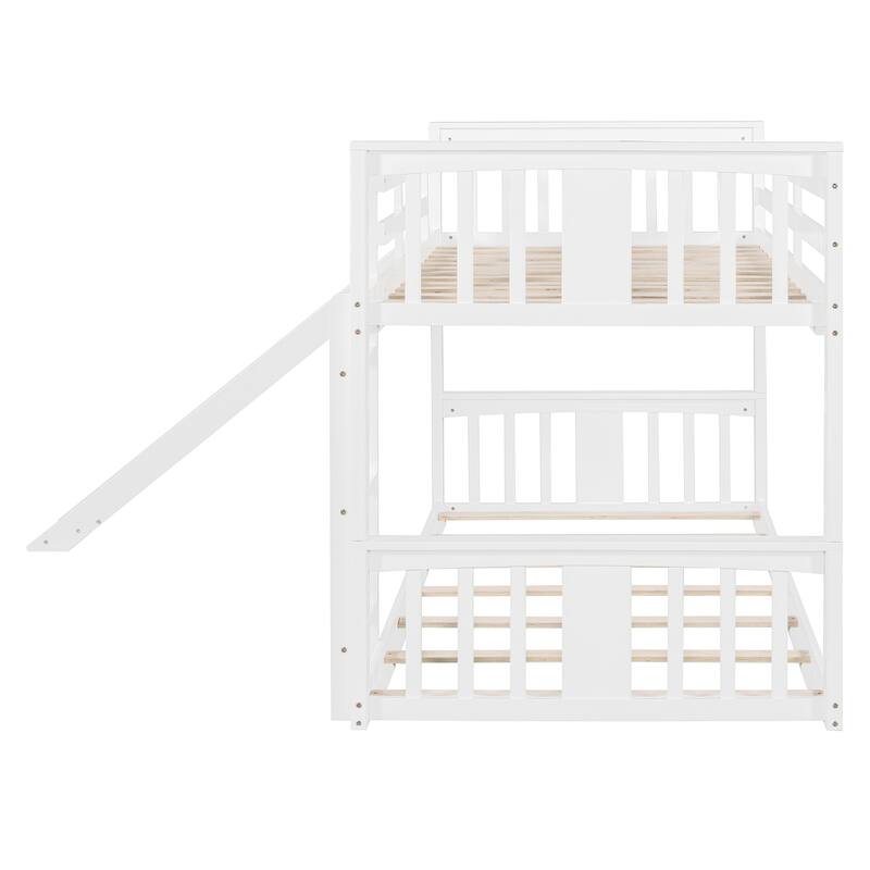Twin Over Twin Low Bunk Bed with Slide and Ladder, Solid Wood Floor Bunk Bed Frame with Safety Guardrail, Detachable into 2 Beds