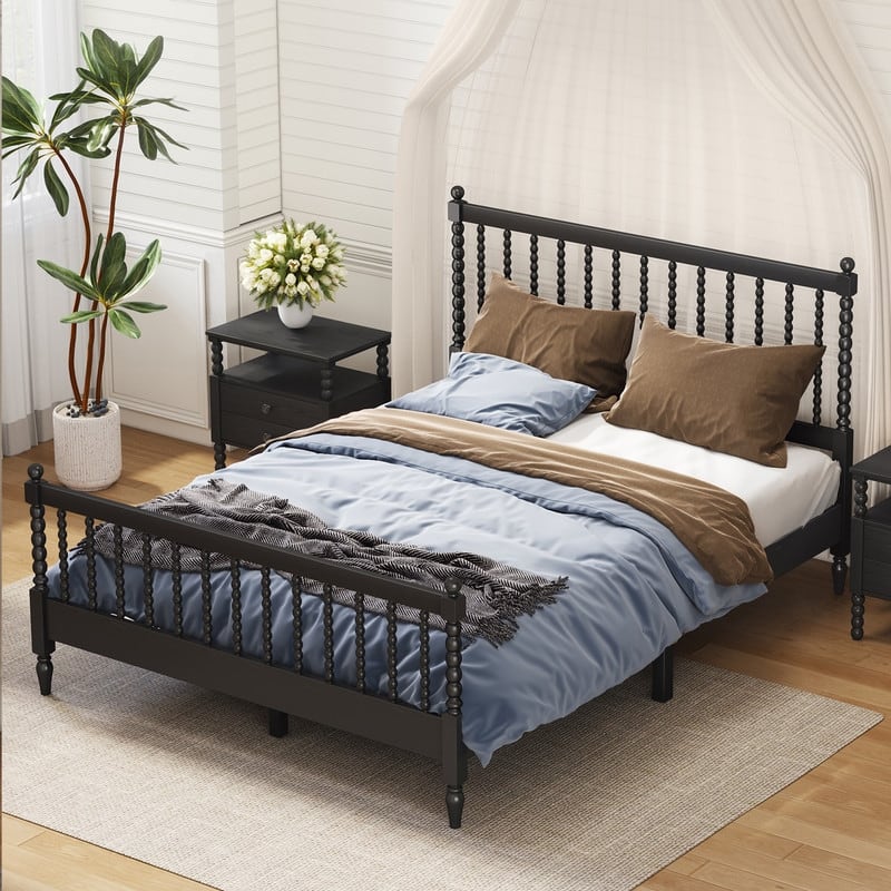 Queen Size Wood Platform Bed with Gourd Shaped Headboard and Footboard