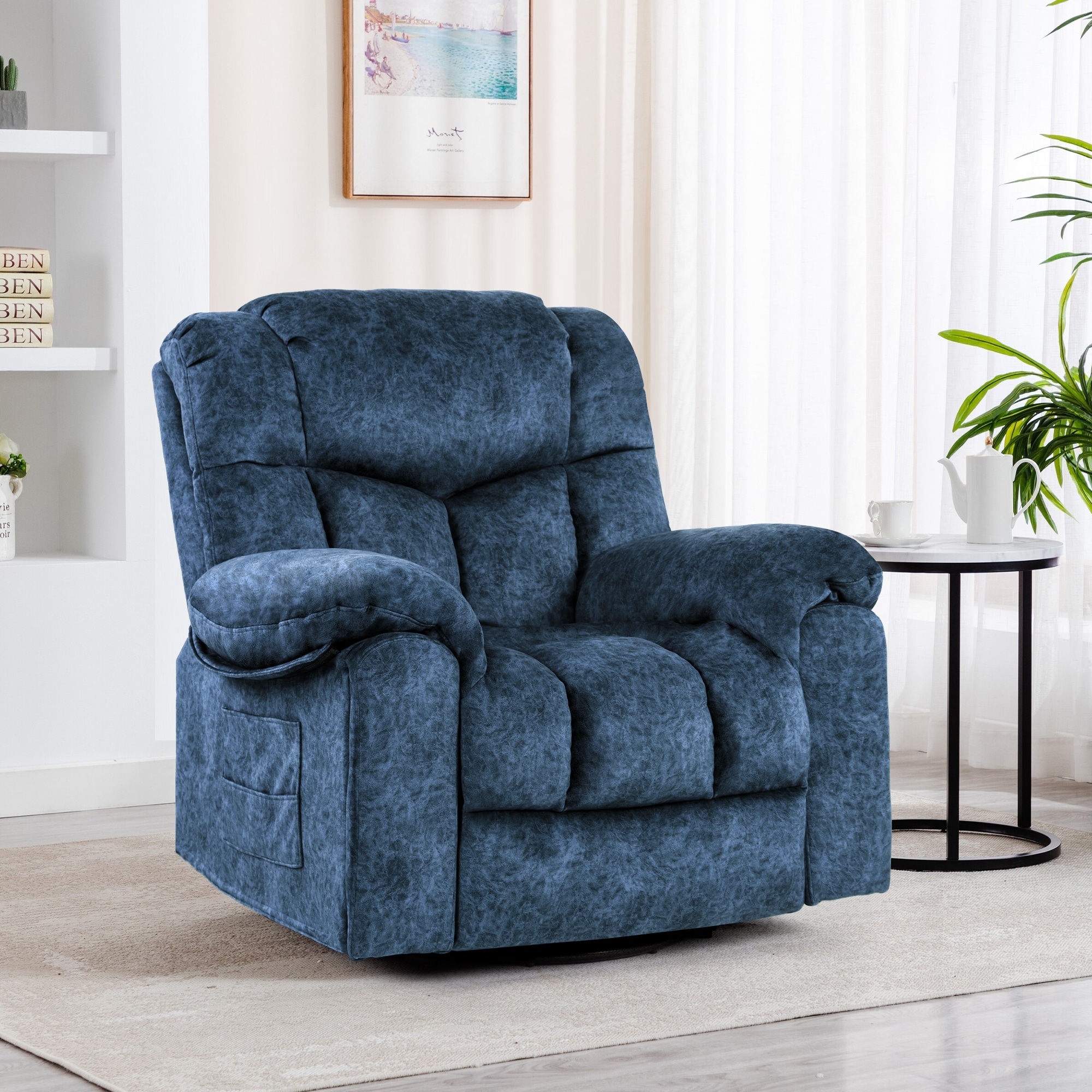 Blue Velvet Swivel Rocker Recliner Chair Massage Heating USB