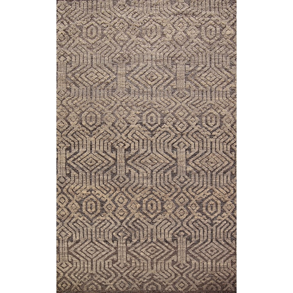 All-Over Trellis Moroccan Oriental Area Rug Handmade Brown Wool Carpet - 5'2" x 8'2"
