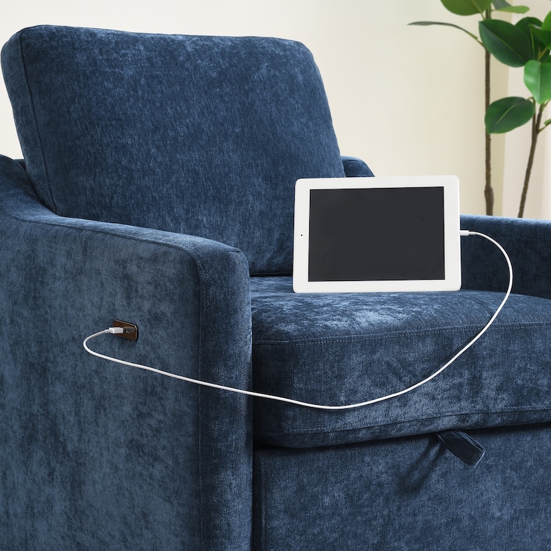 Chenille Swivel Accent Chair with USB/Type-C Charging, Book Pocket, and 360° Rotation