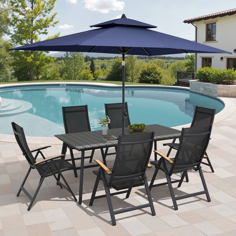 9/11-Piece Outdoor Aluminum Patio Dining Set w/10 ft Umbrella and Base, Rectangle Table and Folding Chairs - Set of 9 - Grey Table with Navy Blue Umbrella