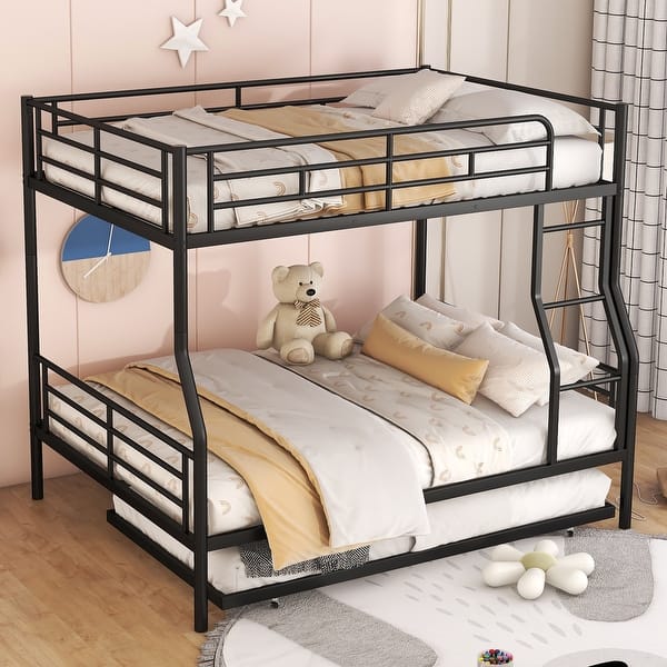 slide 2 of 16, Contemporary & Simple Style Full XL Over Queen Metal Bunk Bed,Streamlined Iron-Crafted Frame with Trundle Black