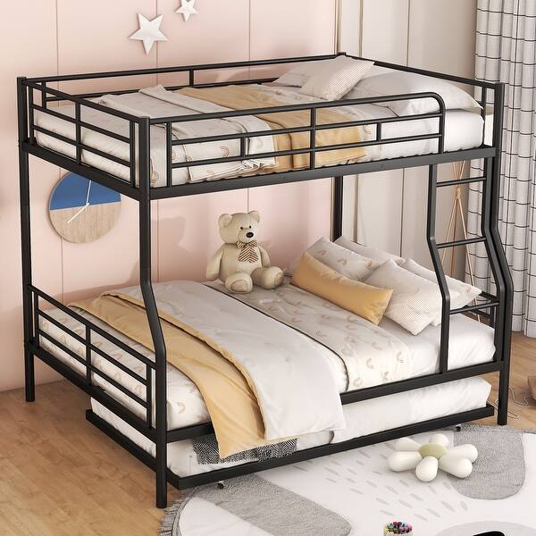 slide 2 of 27, Full XL Over Queen Metal Bunk Bed with Trundle, Sturdy Iron Frame Black