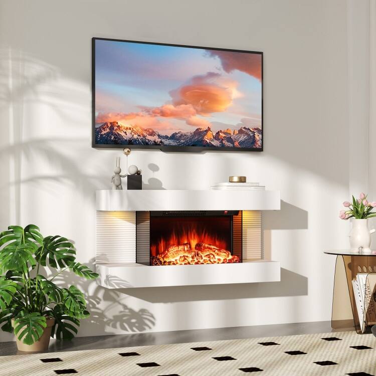 White Wall Mounted Floating Electric Fireplace with and 3-Sided Tempered Glass and Remote Control