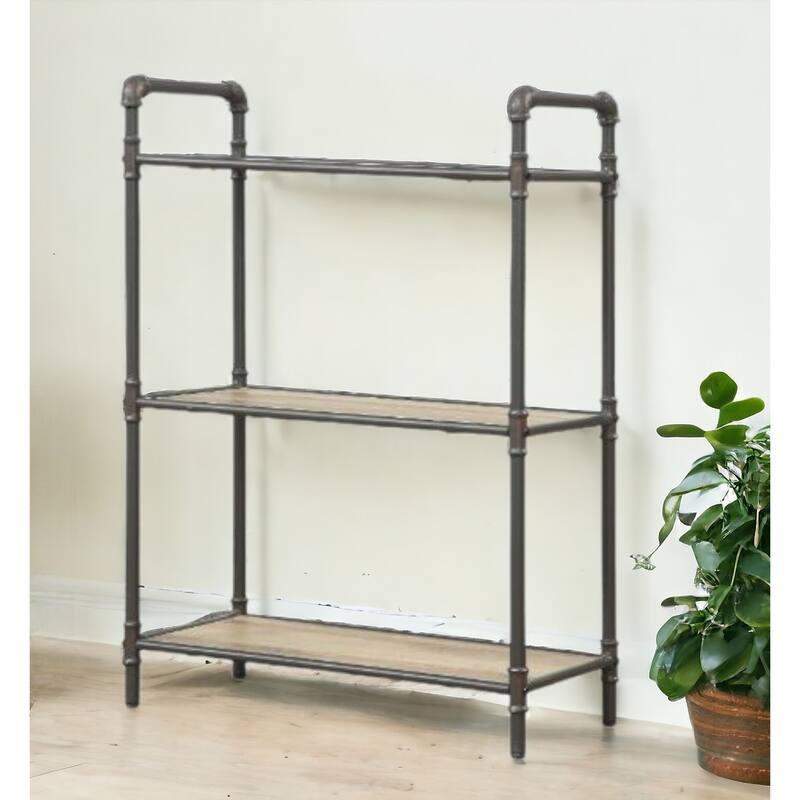 36inch Antique Oak and Sandy Gray Metal Three Tier Standard Bookcase - Antique Oak and Sandy Gray
