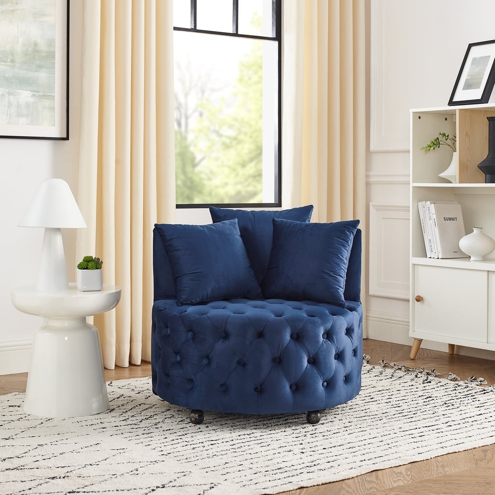 Living Room Velvet Swivel Chair with Button Tufted Design, 3 Pillows & Movable Wheels
