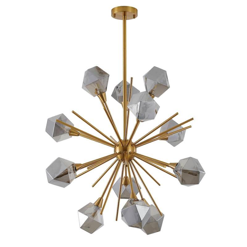 12-Light Gold Metal Chandelier With Smoke Glass Shades