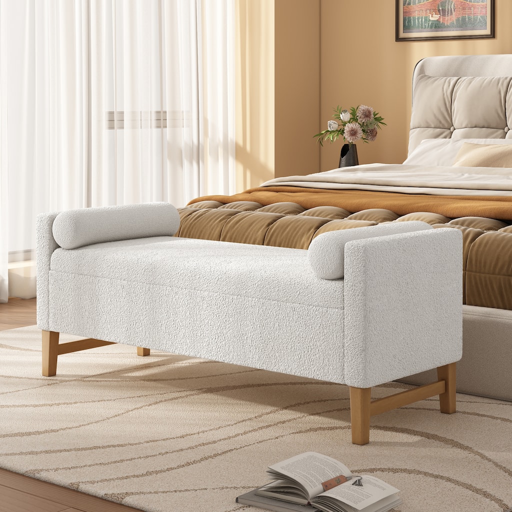 Boucle Upholstered Storage Ottoman with Wooden Legs - Ivory Home Decor